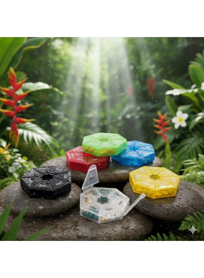 Weekly Hexagonal Pill and Vitamin Organizer - 7 Sections Divided by Day of the Week - Colored Clear Case for Easy Viewing - Compact Design for Travel and Home. - Image 2